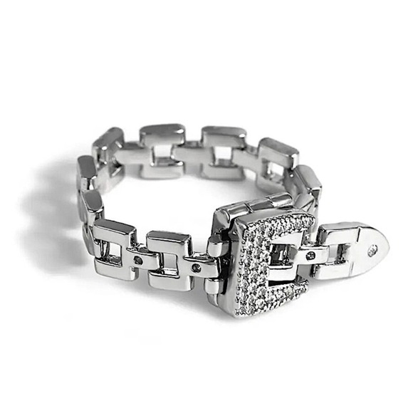 Silver Belt Buckle Bracelet Matching Ring Set, Minimalist, Zircon, Chain Link - Picture 10 of 12